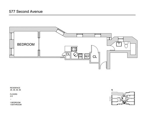 Floor plan for 1 bed, 1 bath, 571 sqft